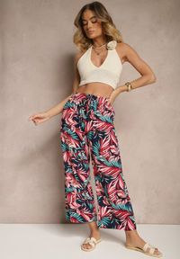 Renee - Granatowo-Czerwone Spodnie z Bawełny o Szerokim Kroju High Waist w Liście Edirive. Okazja: na spotkanie biznesowe. Stan: podwyższony. Kolor: niebieski. Materiał: bawełna. Sezon: lato. Styl: klasyczny, elegancki, biznesowy