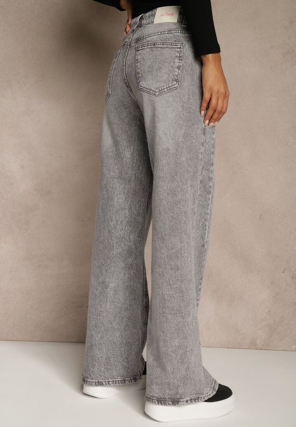 Renee - Szare Szerokie Jeansy z Bawełny High Waist Ozdobione Przetarciami Orryna. Okazja: na spacer. Stan: podwyższony. Kolor: szary. Wzór: aplikacja