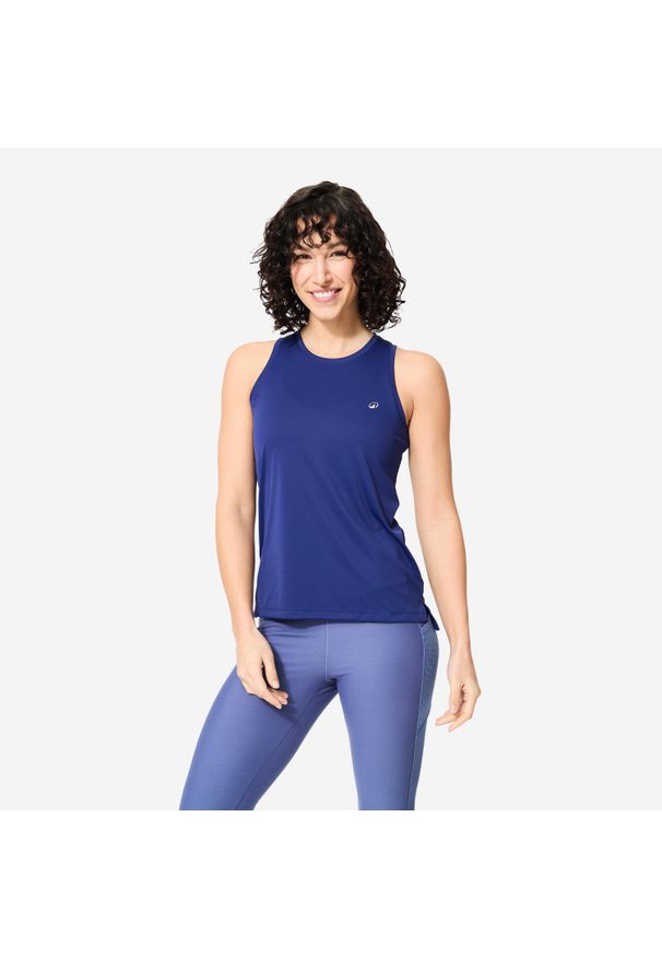DOMYOS - Koszulka fitness damska Domyos bez rękawów. Kolor: niebieski. Materiał: poliester, materiał, elastan. Długość rękawa: bez rękawów. Sport: fitness