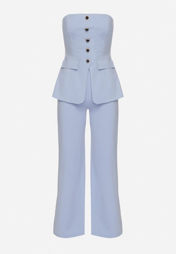 Born2be - Niebieski Komplet Top z Baskinką i Ozdobnymi Guzikami i Szerokie Spodnie Palesia. Kolor: niebieski