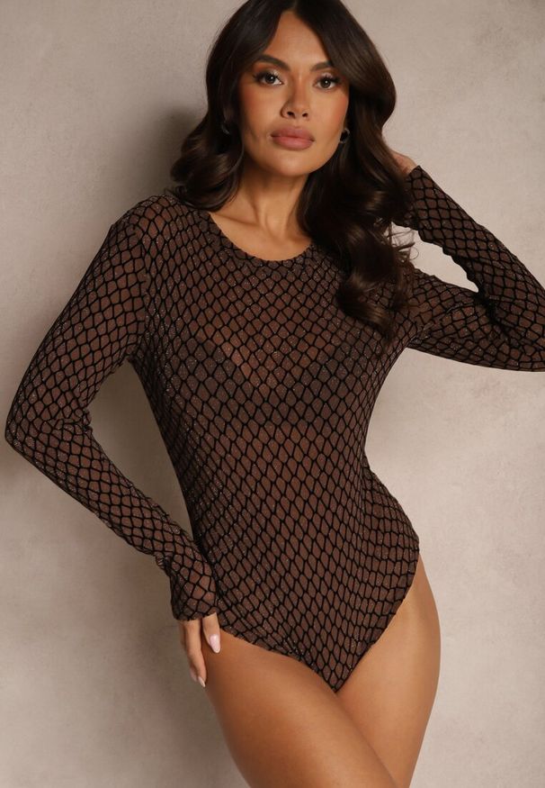 Renee - Brązowe Brokatowe Body z Wiskozą i Geometrycznym Motywem Cedidra. Okazja: na spotkanie biznesowe. Kolor: brązowy. Materiał: wiskoza. Wzór: geometria. Styl: biznesowy, elegancki