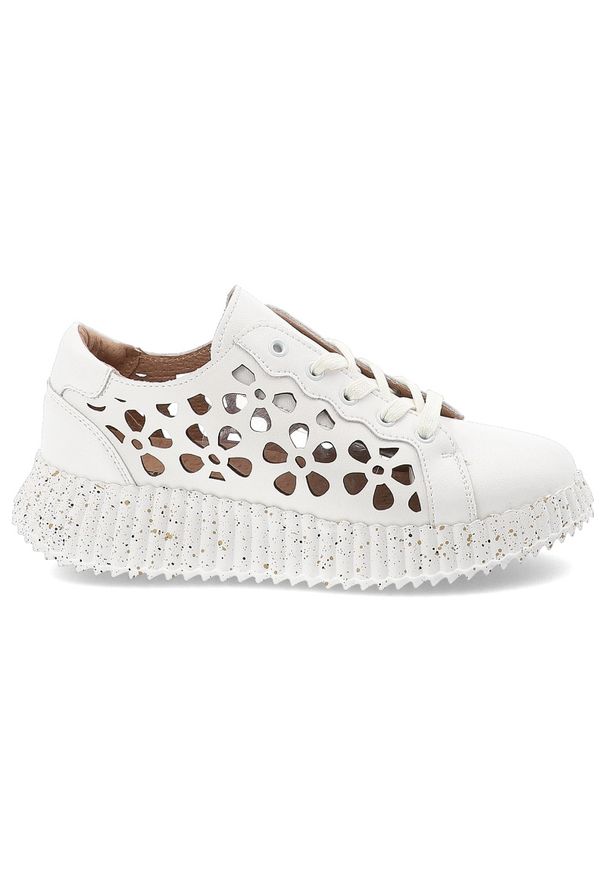Sneakersy damskie Artiker, cholewka ze skóry naturalnej ażurowe wycięcia motyw kwiatowy wiązanie klasyczne, białe, 56C1167. Okazja: na co dzień. Zapięcie: sznurówki. Kolor: biały. Materiał: skóra. Szerokość cholewki: normalna. Wzór: ażurowy, kwiaty