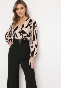 Born2be - Czarno-Różowy Elegancki Kombinezon ze Wzorzystą Górą Szerokimi Nogawkami i Paskiem Grepia. Okazja: na co dzień. Kolor: czarny. Styl: elegancki #4
