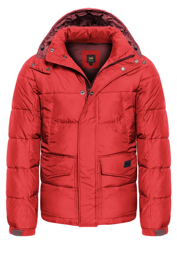 Lee - LEE PUFFER JACKET MĘSKA KURTKA ZIMOWA WARP RED L87XUMKG 112122977. Typ kołnierza: kaptur. Materiał: poliester, materiał, puch, sztruks. Długość rękawa: długi rękaw. Długość: długie. Sezon: zima. Styl: klasyczny
