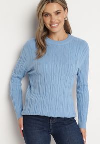 Born2be - Niebieski Sweter z Wiskozą i Ozdobnym Splotem Savria. Okazja: na co dzień. Kolor: niebieski. Materiał: wiskoza. Wzór: ze splotem. Styl: klasyczny, casual #6