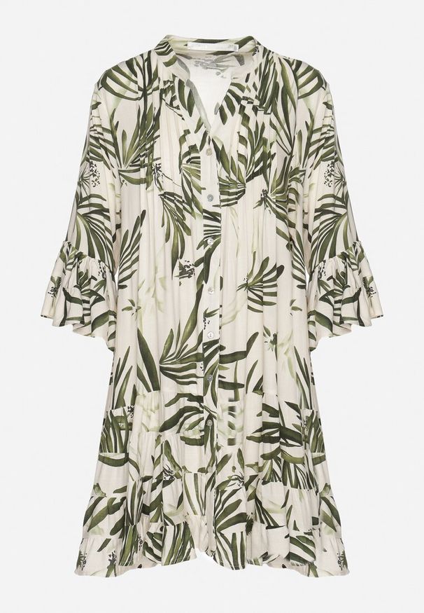 Born2be - Zielona Sukienka z Wiskozy o Rozkloszowanym Kroju z Falbanami w Roślinny Wzór Ridiara. Okazja: na imprezę, na co dzień. Typ kołnierza: dekolt w serek. Kolor: zielony. Materiał: wiskoza. Typ sukienki: rozkloszowane. Styl: elegancki, casual, klasyczny