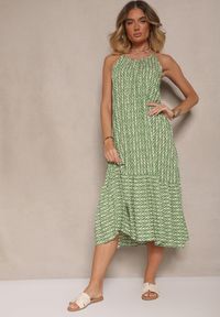 Renee - Zielona Sukienka z Bawełny Ozdobiona Geometrycznym Motywem Nilavionea. Kolor: zielony. Materiał: bawełna. Długość rękawa: na ramiączkach. Wzór: geometria, aplikacja. Sezon: lato, wiosna. Styl: elegancki