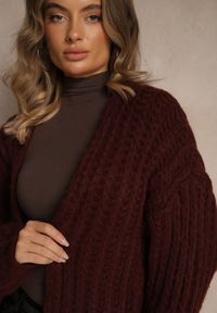 Renee - Bordowy Oversizowy Kardigan Bez Zapięć z Dodatkiem Wełny i Wiskozy Titanesa. Okazja: na imprezę. Kolor: czerwony. Materiał: wiskoza, wełna. Długość: długie. Wzór: aplikacja #2