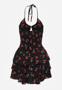 Renee - Czarna Sukienka Halter o Rozkloszowanym Kroju z Falbanami w Wisienki Lanelora. Okazja: na co dzień. Typ kołnierza: dekolt halter. Kolor: czarny. Materiał: bawełna. Styl: casual #6