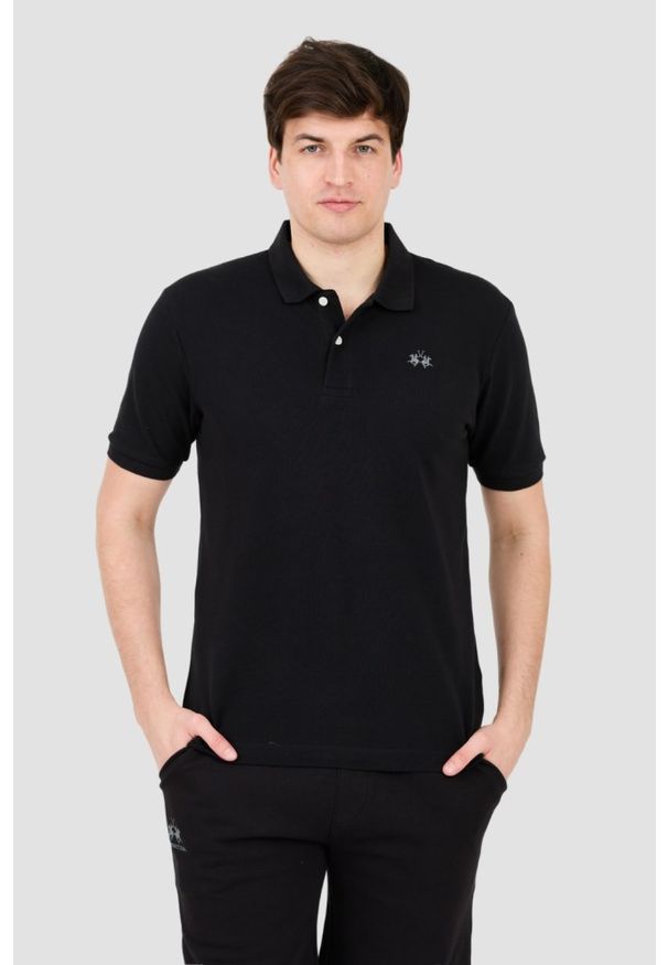 La Martina - LA MARTINA Czarne męskie polo z małym logo, Rozmiar XL. Typ kołnierza: polo. Kolor: czarny