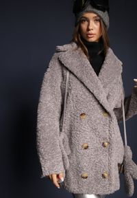Renee - Szara Dwurzędowa Kurtka Futerkowy Płaszcz z Dodatkowymi Rękawiczkami Hetirra. Okazja: na co dzień, na spacer. Kolor: szary. Materiał: jeans. Styl: elegancki, casual #4