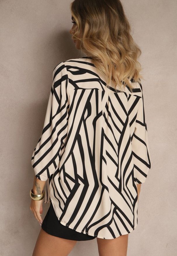 Renee - Beżowa Koszula z Bawełną o Geometrycznym Motywie Amorria. Okazja: na imprezę, na co dzień. Kolor: beżowy. Materiał: bawełna. Wzór: geometria. Styl: casual, elegancki