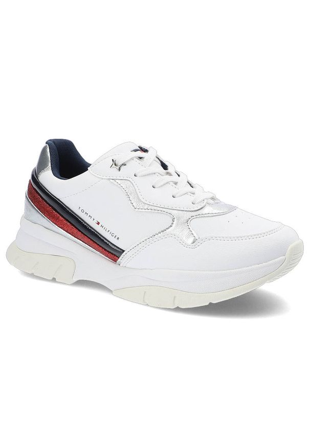 TOMMY HILFIGER - Białe Sneakersy Tommy Hilfiger Damskie Modne Buty. Okazja: na uczelnię, na spacer. Zapięcie: pasek. Kolor: biały. Materiał: skóra ekologiczna, materiał. Szerokość cholewki: normalna. Wzór: paski. Obcas: na obcasie. Styl: sportowy. Wysokość obcasa: niski