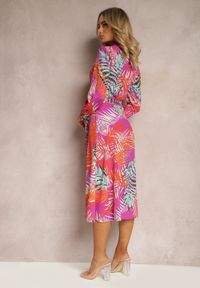 Renee - Fioletowo-Beżowa Sukienka z Kopertowym Wiązaniem i Materiałowym Paskiem Adnila. Kolor: fioletowy. Materiał: materiał. Typ sukienki: kopertowe #4