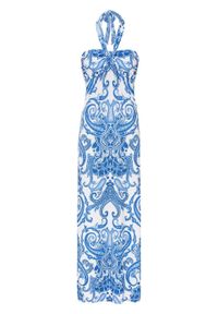 Sukienka z dekoltem halter bonprix niebiesko-biały paisley. Typ kołnierza: dekolt halter. Kolor: niebieski. Wzór: paisley. Długość: maxi #1