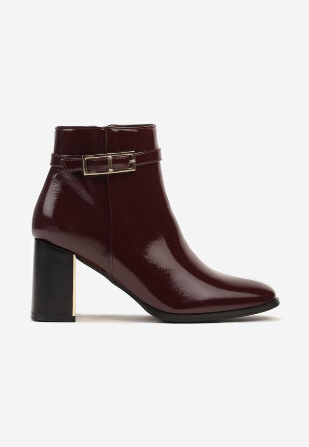 Renee - Bordowe Eleganckie Botki Lakierowane na Metalicznym Słupku Nirlea. Okazja: na co dzień. Kolor: czerwony. Materiał: lakier. Obcas: na słupku. Styl: elegancki