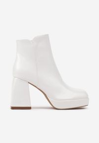Born2be - Białe Botki na Obcasie z Kwadratowym Noskiem Linathra. Zapięcie: zamek. Kolor: biały. Sezon: zima. Obcas: na obcasie. Styl: klasyczny. Wysokość obcasa: średni #3