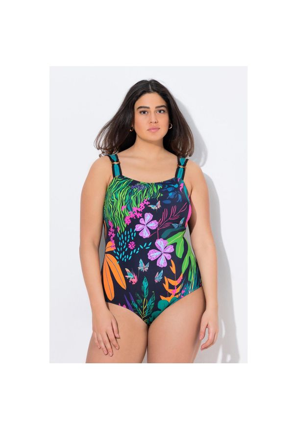 ULLA POPKEN - Damski Kostium kąpielowy kwiaty miękkie miseczki 4 ramiączka. Kolekcja: plus size. Kolor: czarny. Materiał: poliester, poliamid, materiał, elastan. Wzór: kwiaty