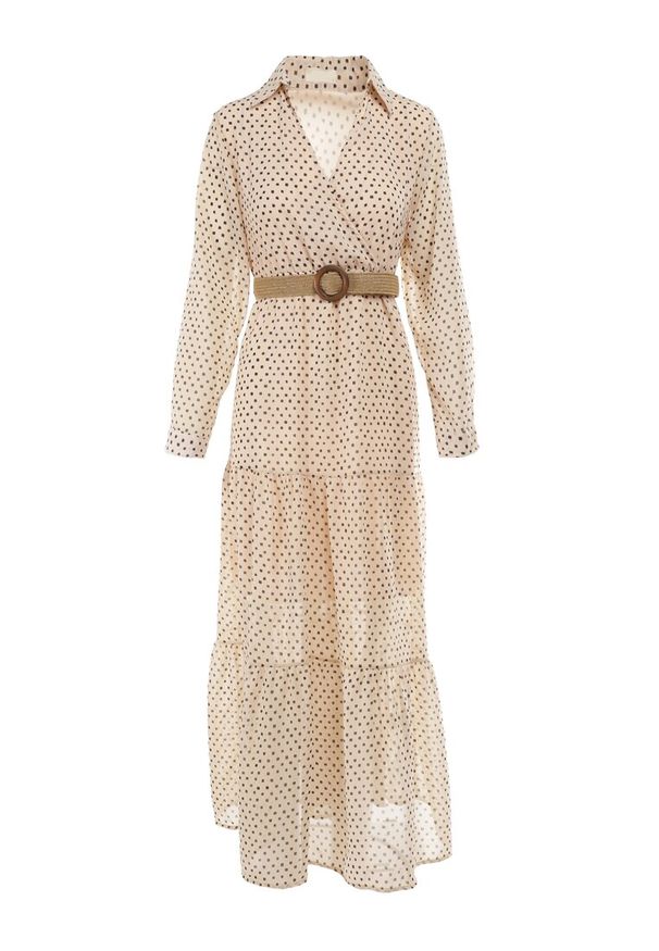 Born2be - Jasnobeżowa Sukienka Z Paskiem Deinene. Kolor: beżowy. Materiał: materiał. Typ sukienki: kopertowe. Długość: maxi