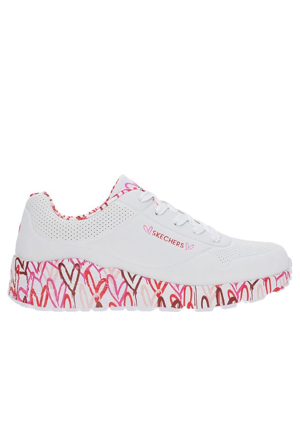 skechers - Buty Skechers Uno Lite Lovely Luv 314976LWRPK - białe. Okazja: na uczelnię, na co dzień. Kolor: biały. Materiał: skóra, guma, syntetyk. Szerokość cholewki: normalna. Wzór: nadruk. Sport: turystyka piesza