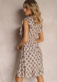 Renee - Beżowo-Brązowa Sukienka z Gumką w Talii z Wiskozy w Abstrakcyjny Wzór Lianefa. Kolor: żółty. Materiał: wiskoza. Sezon: lato #4