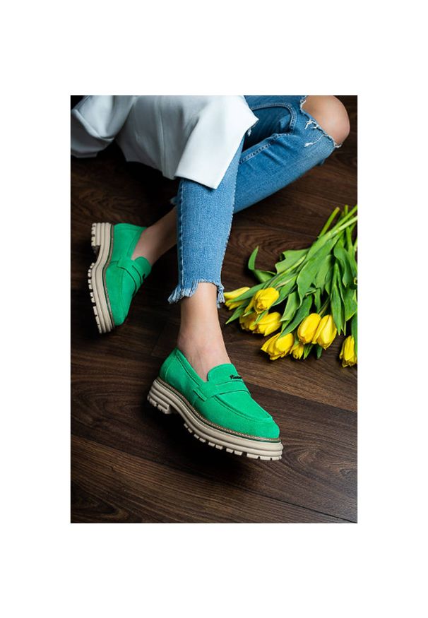 CheBello - Zielone Półbuty Chebello Wygodne Skórzane Buty. Zapięcie: bez zapięcia. Kolor: zielony. Materiał: skóra. Szerokość cholewki: normalna. Sezon: wiosna, lato. Obcas: na obcasie. Styl: boho. Wysokość obcasa: niski