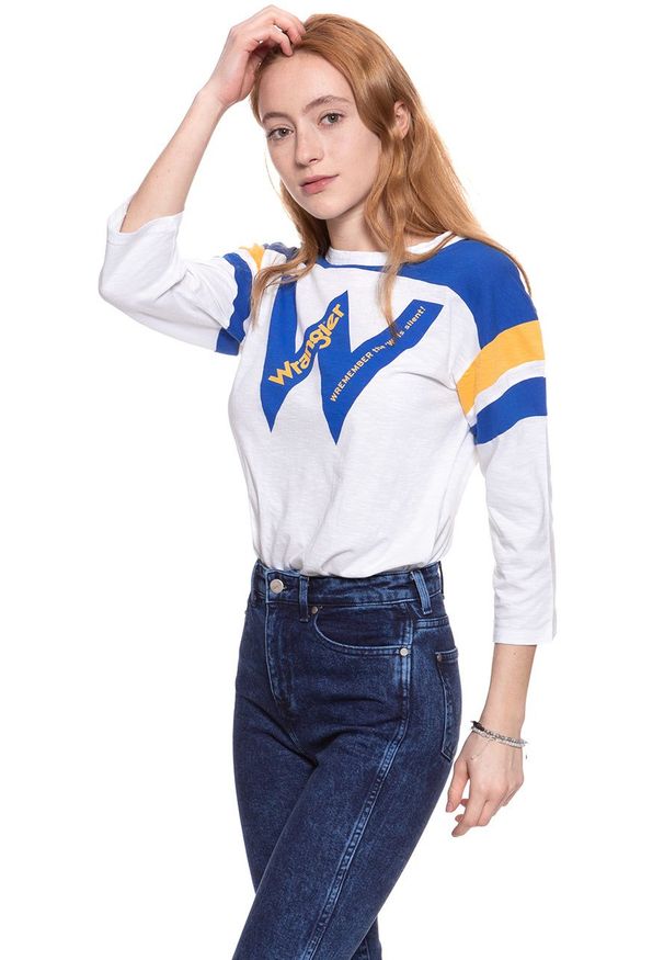 Wrangler - WRANGLER T SHIRT DAMSKI B&Y LS LOOSE TEE WHITE W723LEA12 112130926. Wzór: nadruk