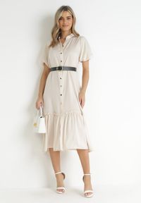 Born2be - Beżowa Koszulowa Sukienka Midi z Falbanką i Paskiem z Klamerką Cadyjane. Okazja: na co dzień. Kolor: beżowy. Materiał: skóra. Typ sukienki: koszulowe. Styl: casual. Długość: midi #2