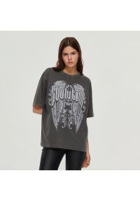 House - Luźna koszulka z nadrukiem Y2k szara - Szary. Kolor: szary. Wzór: nadruk #1