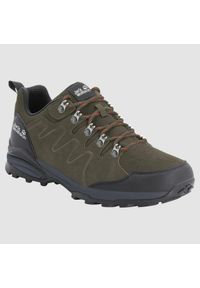 Buty trekkingowe męskie Jack Wolfskin Refugio Texapore. Zapięcie: sznurówki. Kolor: brązowy, zielony, wielokolorowy, szary. Materiał: guma, tkanina, skóra. Szerokość cholewki: normalna. Sport: turystyka piesza