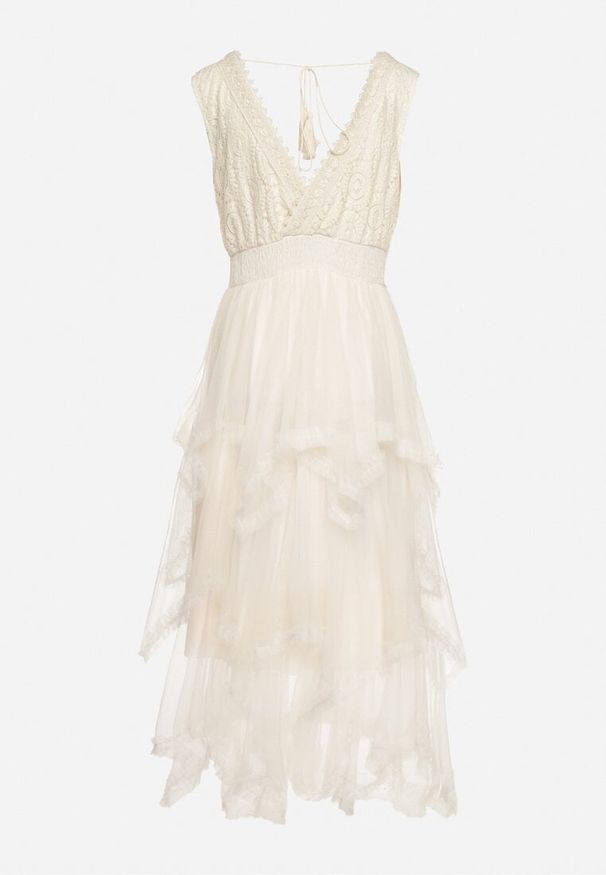 Born2be - Beżowa Sukienka z Kopertowym Dekoltem Wiązaniem na Plecach i Asymetrycznym Dołem z Siateczki Helolla. Okazja: na co dzień. Typ kołnierza: dekolt kopertowy. Kolor: beżowy. Materiał: jeans. Typ sukienki: kopertowe, asymetryczne. Styl: elegancki, casual