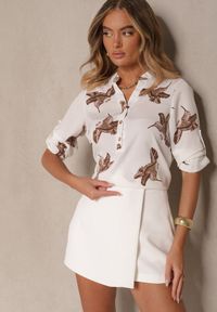 Renee - Biała Koszula z Bawełną ze Wzorem Ptaków Lumevire. Okazja: na co dzień. Kolor: biały. Materiał: bawełna. Wzór: aplikacja. Styl: elegancki, casual