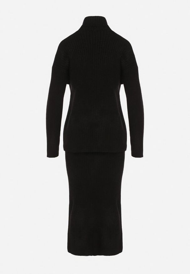 Born2be - Czarny Komplet Dzianinowy z Wełną Sweter z Golfem i Ołówkowa Spódnica Falovira. Kolor: czarny. Materiał: dzianina, wełna. Sport: golf