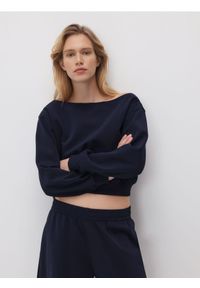 Reserved - Bluza z odkrytymi ramionami - granatowy. Kolor: niebieski. Materiał: bawełna, dzianina. Długość: krótkie #1