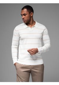 Ombre Clothing - Męski longsleeve polo w poziome paski z wiskozą – biało-beżowy V4 - Rozmiar: L. Okazja: do pracy, na co dzień. Typ kołnierza: polo. Kolor: biały. Materiał: wiskoza. Długość rękawa: długi rękaw. Długość: długie. Wzór: paski. Styl: casual, elegancki
