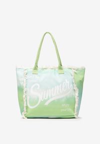 Born2be - Jasnozielona Torebka o Dużym Fasonie Tote z Ozdobnymi Napisami i Frędzlami Solatie. Kolor: zielony. Wzór: napisy. Dodatki: z frędzlami. Styl: casual #3