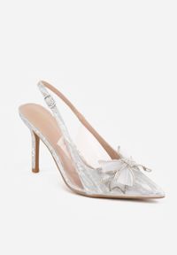Renee - Białe Szpilki VICES Slingback z Kokardą Cyrkoniami i Transparetną Wstawką Kalilise. Zapięcie: sprzączka. Kolor: biały. Materiał: satyna. Wzór: aplikacja. Obcas: na szpilce. Styl: elegancki #8
