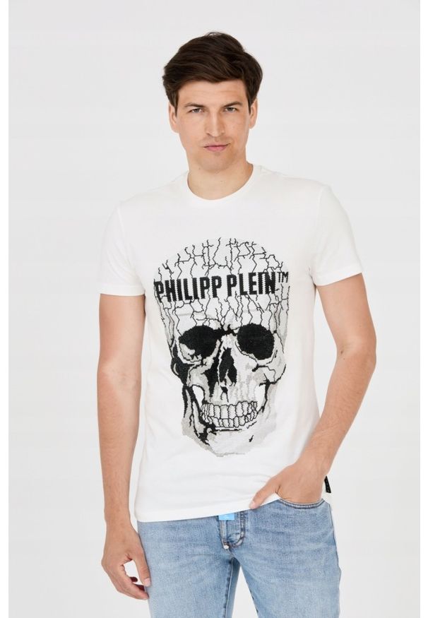 Philipp Plein - PHILIPP PLEIN Męski t-shirt biały z popękaną czaszką, Rozmiar XXL. Kolor: biały