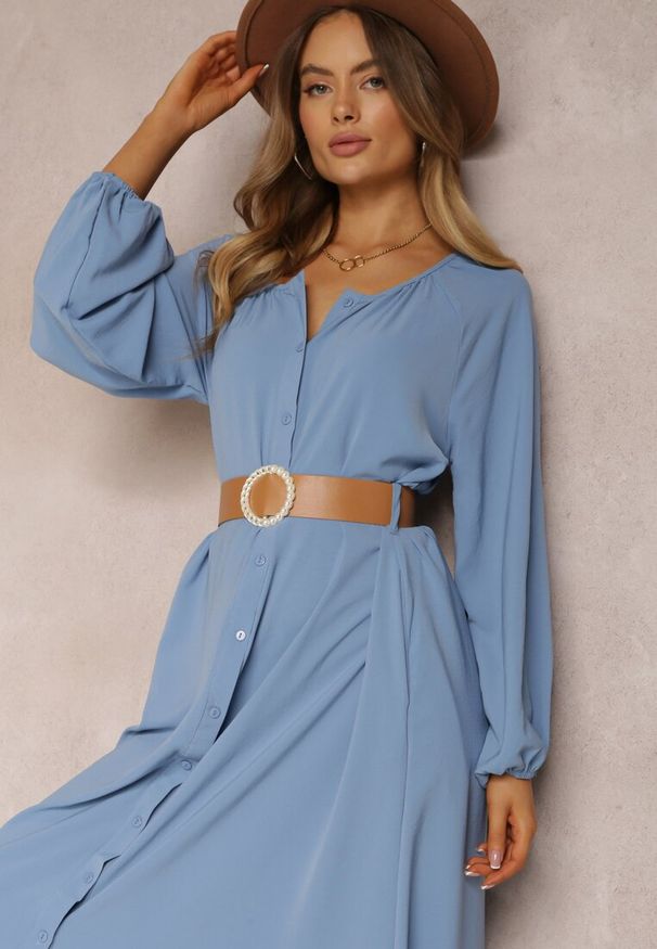 Renee - Niebieska Sukienka Palane. Kolor: niebieski. Materiał: materiał. Wzór: aplikacja, gładki. Styl: klasyczny. Długość: maxi