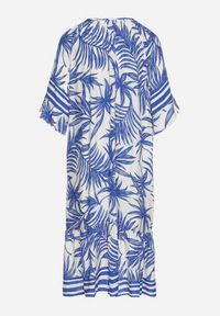 Born2be - Niebieska Sukienka o Pudełkowym Kroju z Wiązaniem przy Dekolcie w Roślinny Wzór Mirionela. Kolor: niebieski. Długość rękawa: krótki rękaw #5