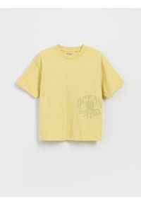 Reserved - Bawełniany t-shirt z nadrukiem - kremowy. Kolor: kremowy. Materiał: bawełna. Wzór: nadruk
