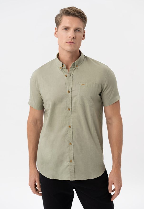 Volcano - Koszula z lnem, Regular Fit, C-LIN. Typ kołnierza: button down. Kolor: zielony. Materiał: len. Długość rękawa: krótki rękaw. Długość: krótkie