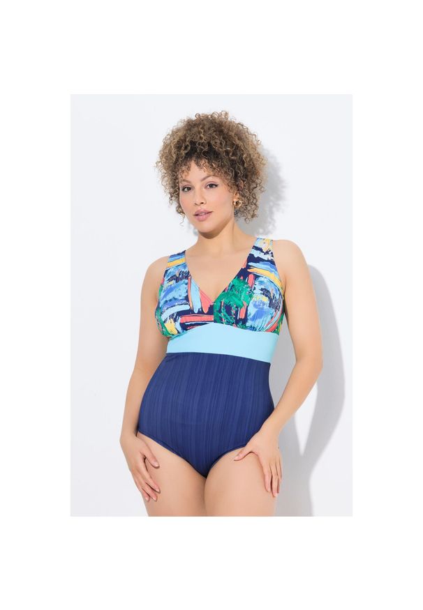 ULLA POPKEN - Damski Strój kąpielowy okrągły dekolt miękkie miseczki z recyklingu. Kolekcja: plus size. Kolor: niebieski. Materiał: elastan, materiał, poliamid, poliester