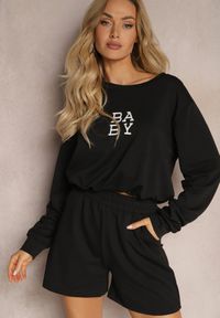 Renee - Czarny Komplet Dresowy 2-Częściowy Bluza Krótsza i Luźne Spodenki Szorty Frania. Kolor: czarny. Materiał: dresówka #5