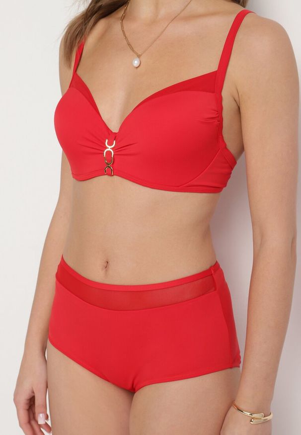 Born2be - Czerwone Bikini Biustonosz z Metaliczną Aplikacją i Majtki Figi Iffonavia. Kolor: czerwony. Materiał: len. Wzór: aplikacja