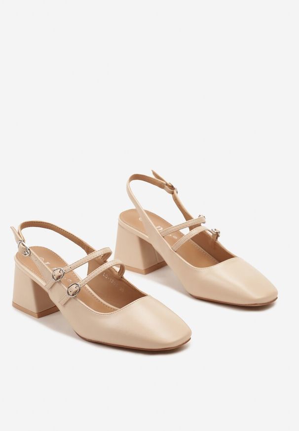 Renee - Beżowe Czółenka z Ekoskóry Typu Slingback na Słupku z Trzema Sprzączkami Qrevia. Okazja: na co dzień. Zapięcie: sprzączka. Kolor: beżowy. Wzór: paski. Obcas: na słupku. Styl: casual