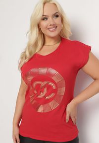 Born2be - Czerwony Bawełniany T-shirt z Metalicznym Nadrukiem Lapur. Okazja: na co dzień. Kolor: czerwony. Materiał: bawełna. Wzór: nadruk. Styl: casual #3