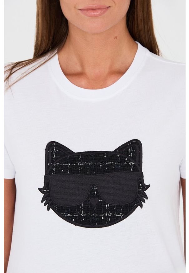Karl Lagerfeld - KARL LAGERFELD Biały damski t-shirt Boucle Choupette, Rozmiar XS. Kolor: biały. Materiał: bawełna