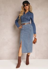 Renee - Granatowa Jeansowa Spódnica Ołówkowa z Dodatkowym Paskiem Caladyn. Okazja: na co dzień. Stan: podwyższony. Kolor: niebieski. Materiał: jeans. Styl: casual