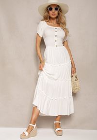 Renee - Biała Rozkloszowana Sukienka Maxi z Hiszpańskim Dekoltem Kailra. Kolor: biały. Długość: maxi #1